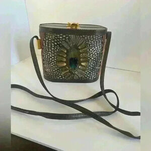 Vintage Genuine Peacock Feather Purse by Comeco Handbag Clutch w/ Strap Brown